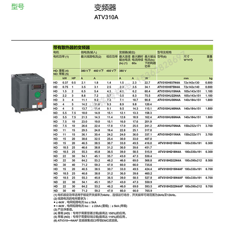 施耐德變頻器ATV310變頻器-0.37kW-0.5hp-380...460V三相,施耐德變頻器代理