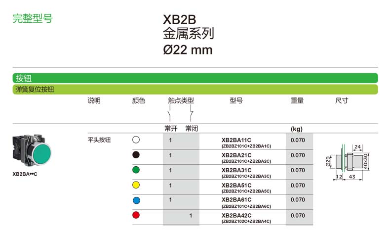 施耐德國產(chǎn)平頭按鈕指示燈XB2B系列完整型號(hào)