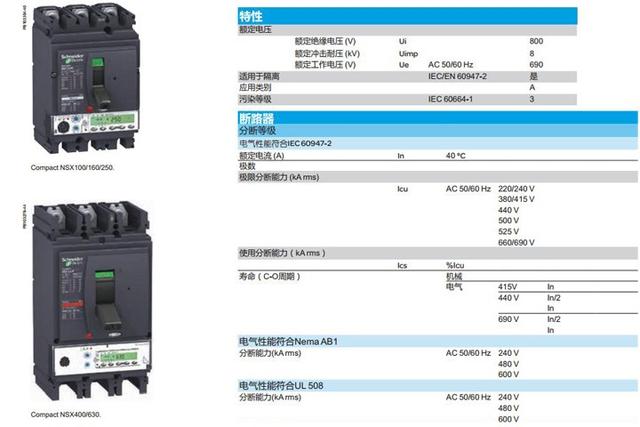 施耐德Compact NSX配電保護(hù)塑殼斷路器參數(shù)表